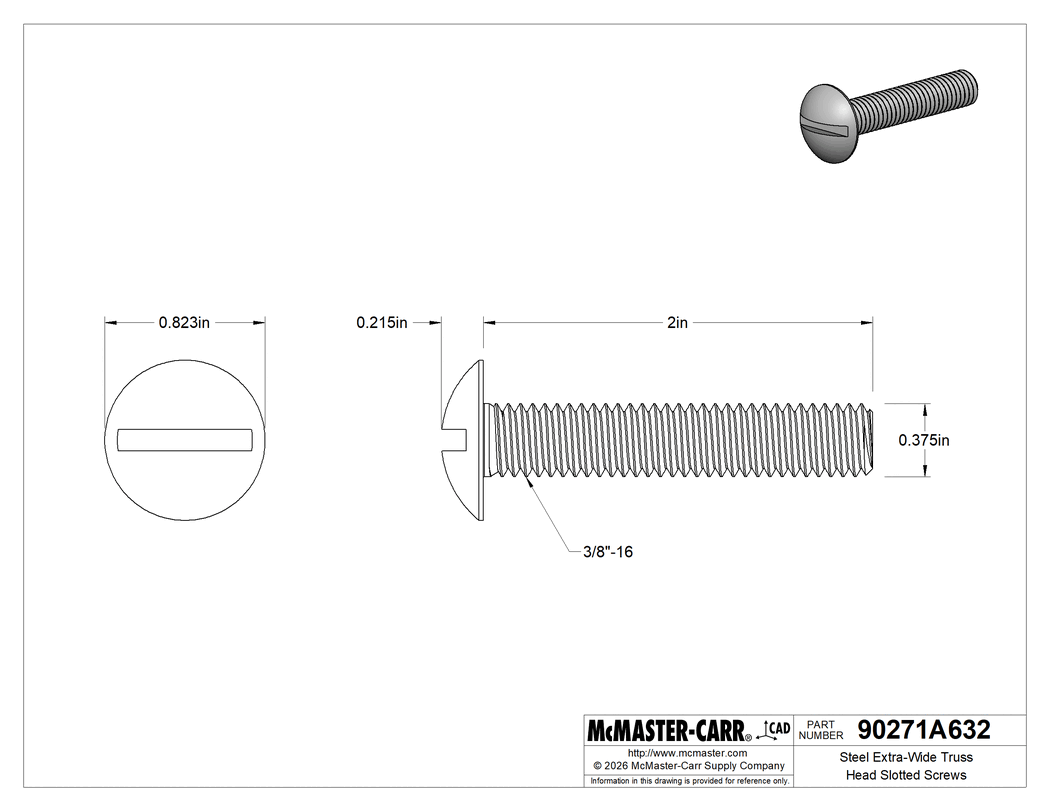 Technical Drawing of Steel Extra-Wide Truss Head Slotted Screws, Steel, 3/8"-16 Thread Size, 2" Long.